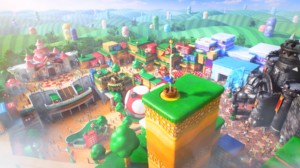 A rendering of super nintendo world in japan, with mario jumping on a flag pole