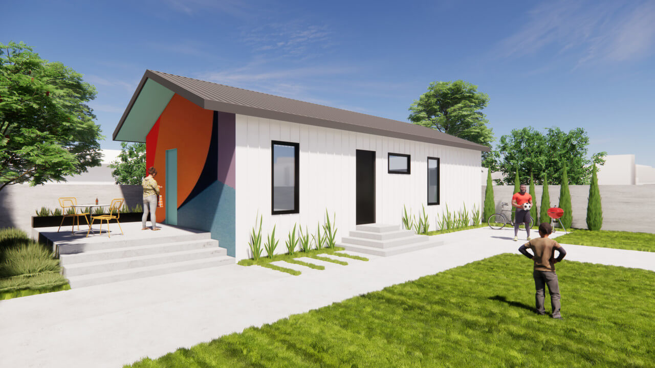 rendering of an exterior of an accessory dwelling unit with a gabled roof and side mural