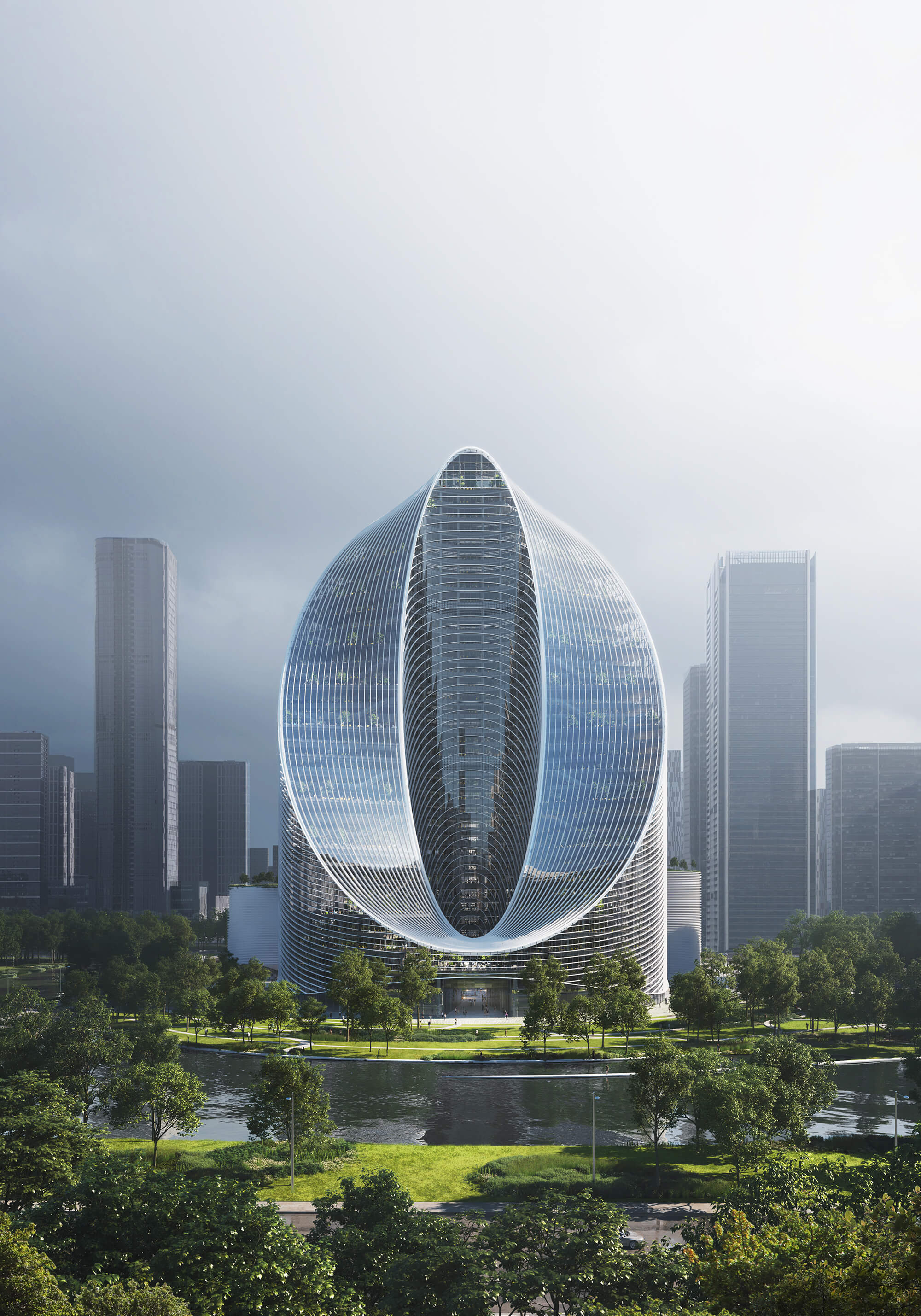 the new OPPO headquarters, a tower shaped like a column that has been carved away