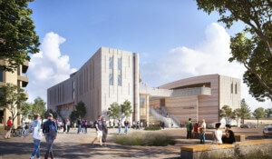 exterior rendering of a planned classroom building at UCSB