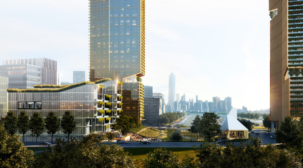 a sleek residential high-rise with the Manhattan skyline in the far distance