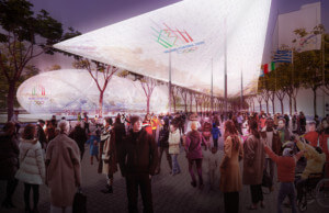 Rendering of translucent coverings with Milan 2026 winter olympics branded on them inside parco romana