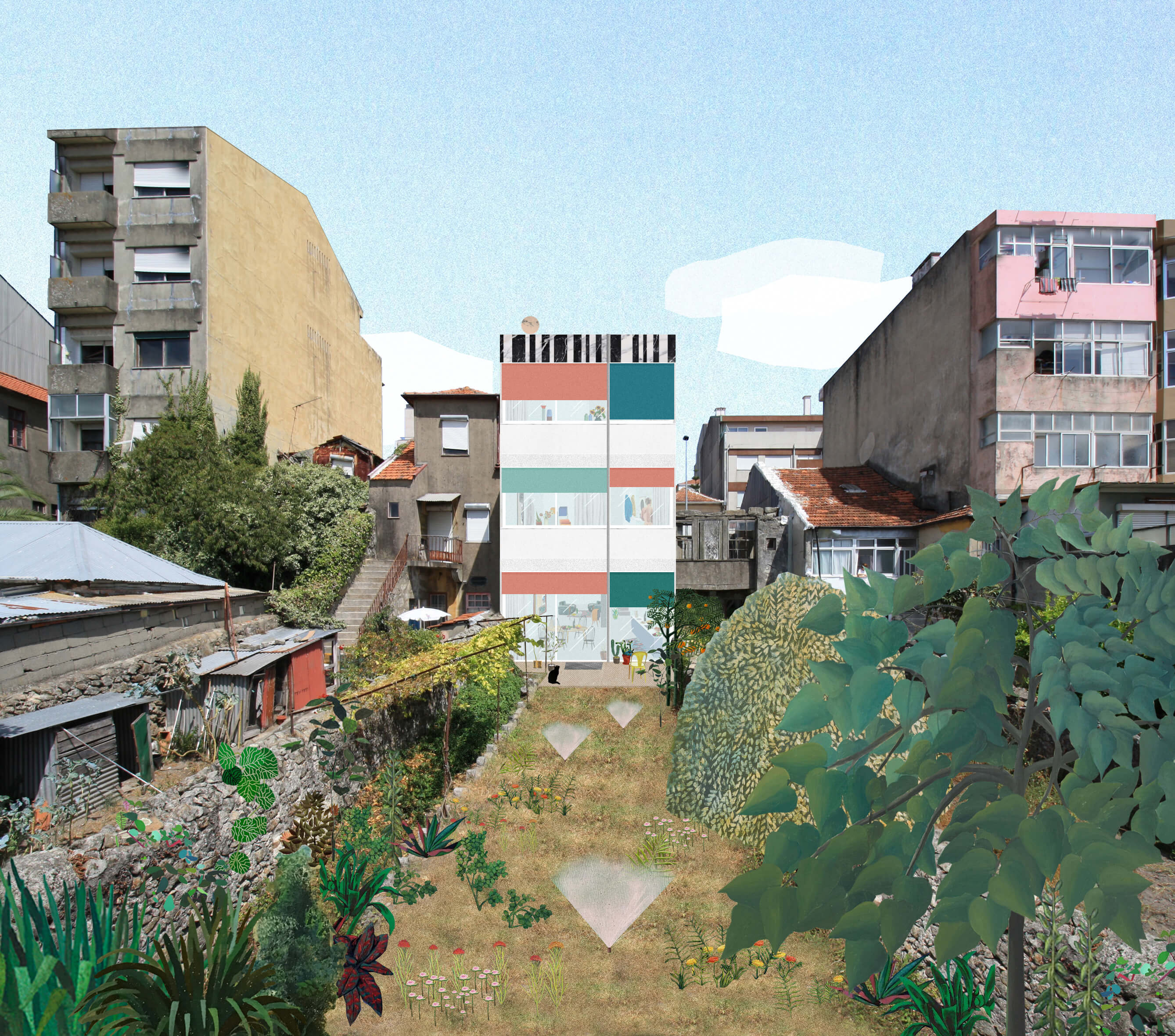 Collage of a colorful tower from Fala Atelier against a squat cityscape