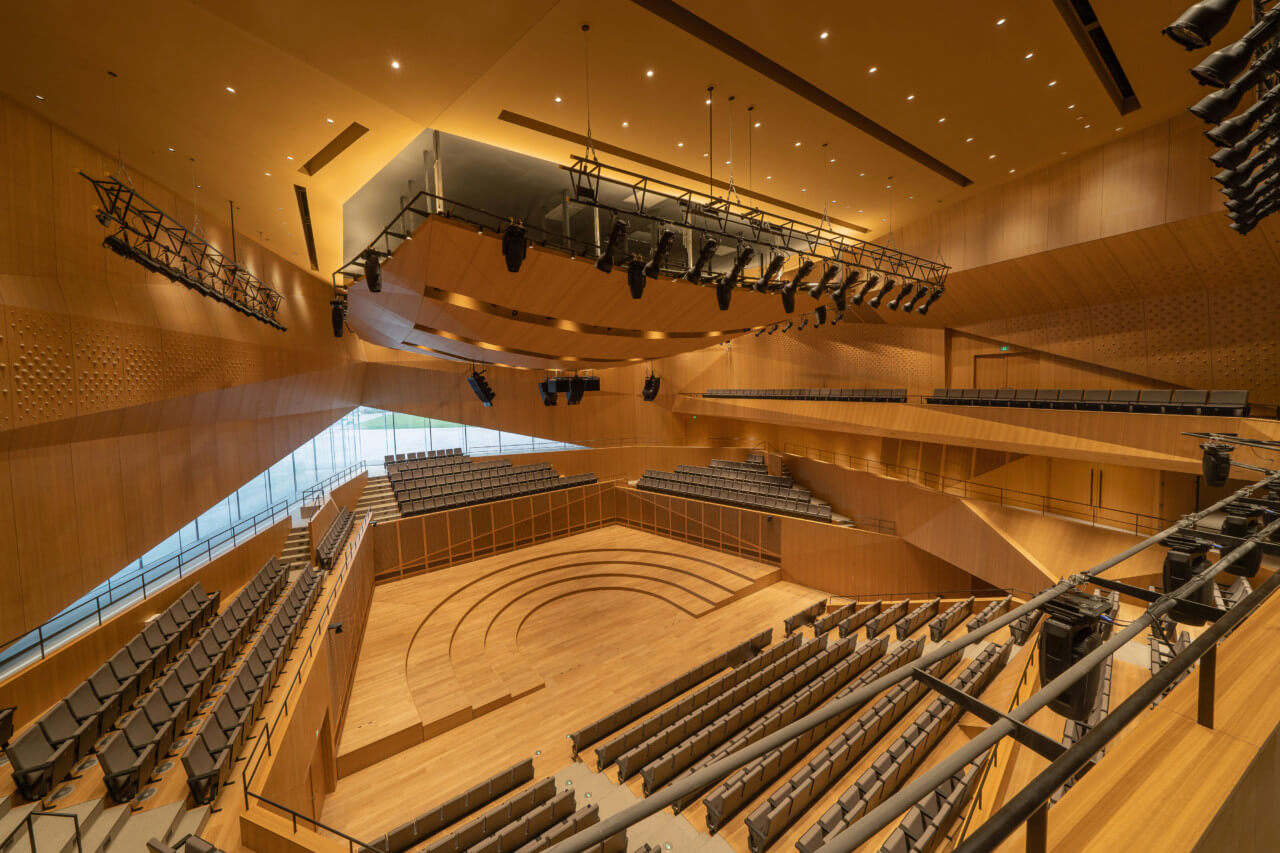 Inside of a geometric concert hall