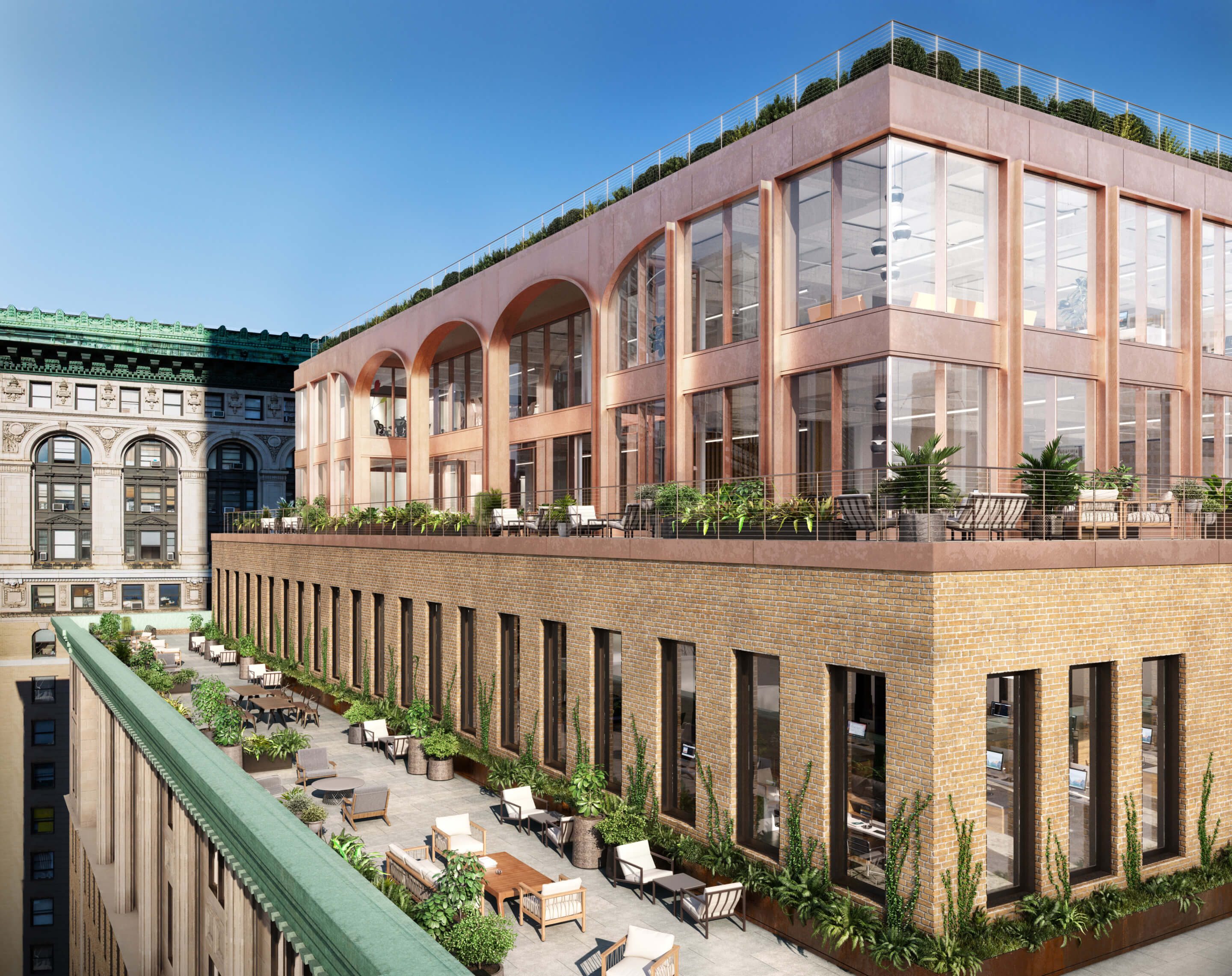 Rendering of a new penthouse with arched windows on top of a neoclassical brick building