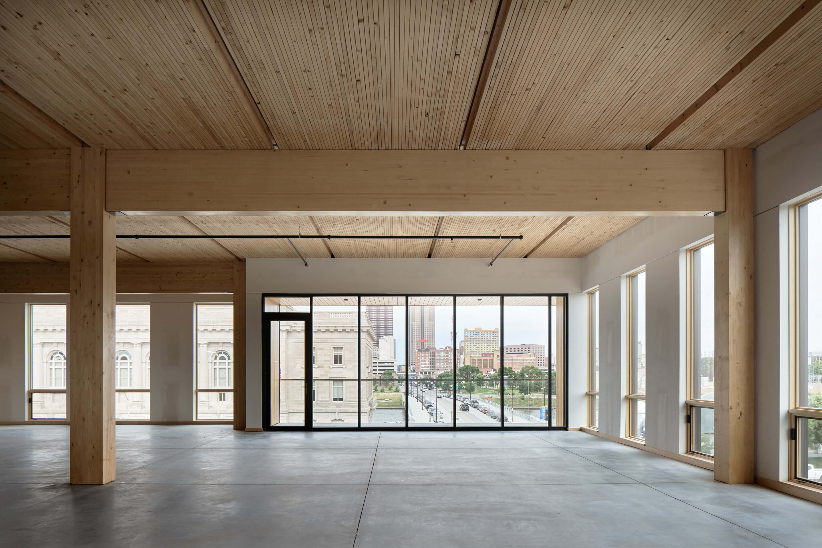 Interior of a striated timber office space