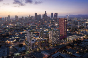 rendering of fourth & central, a tower complex in downtown la at night