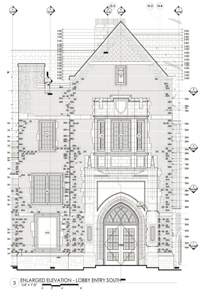 a detailed elevation of the south facade entry lobby shows many details called out and nearly each brick specified for contractors and mason installers
