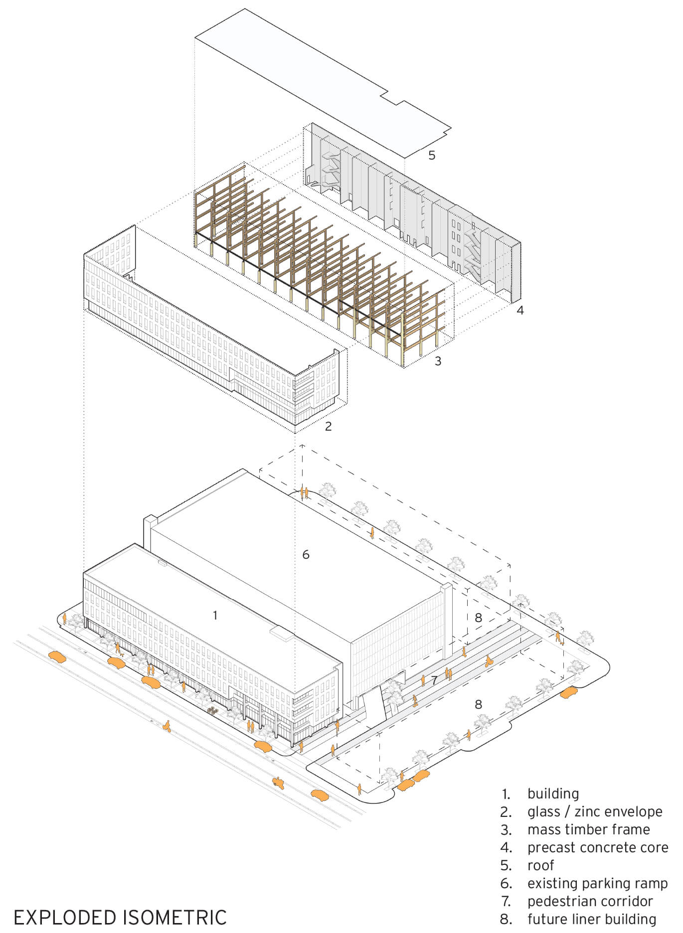 Exploded technical diagram of a timber and glass mixed-use structure