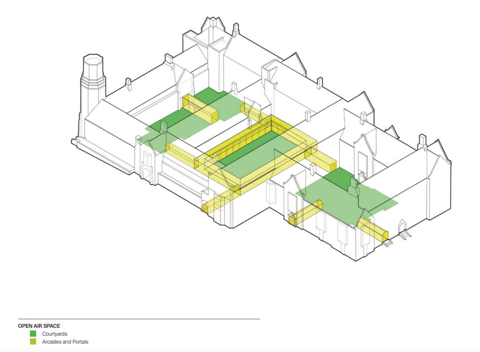 a diagram of the 3 courtyards in the building and paths of egress throughout