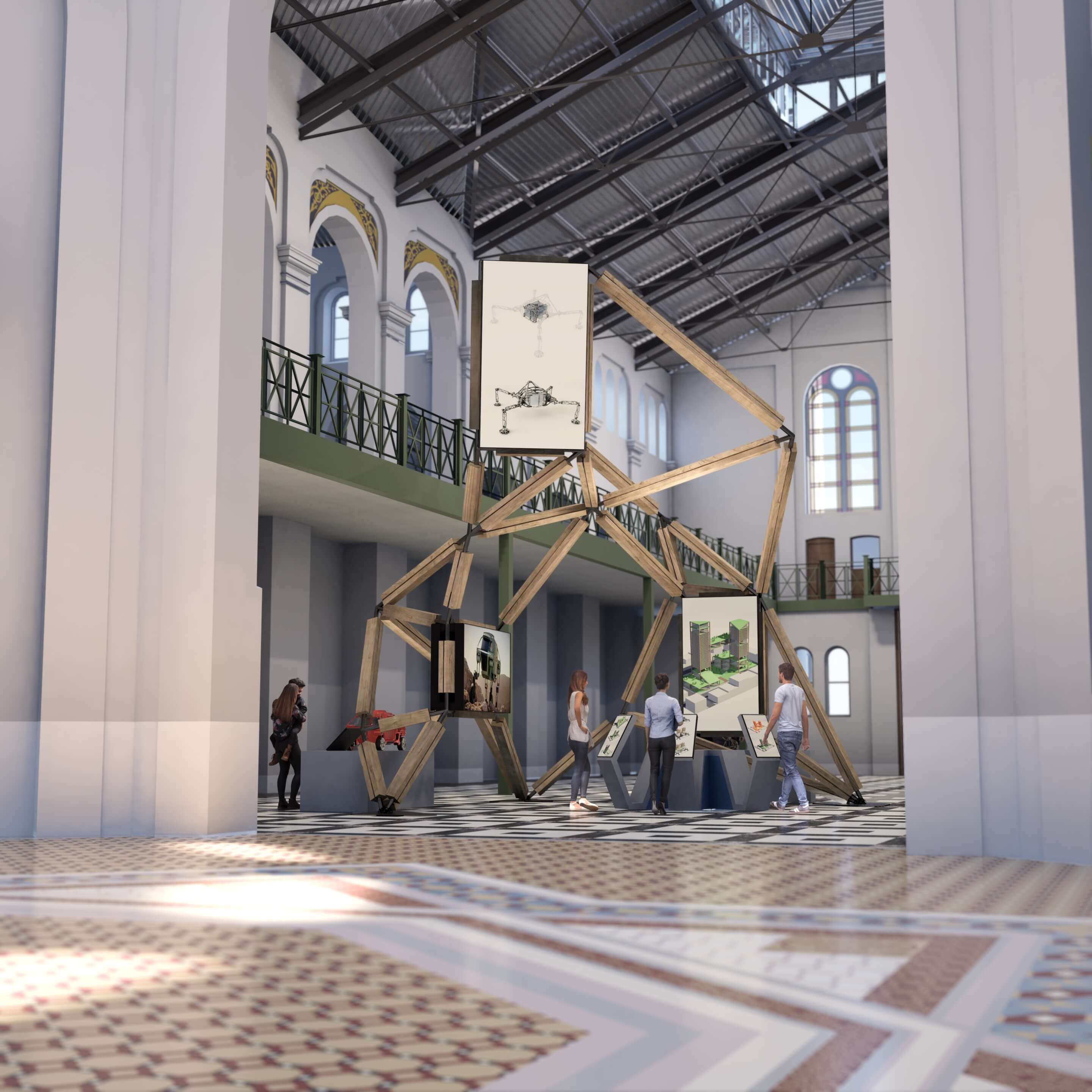 illustration of an A.I.-generated design installation in a museum