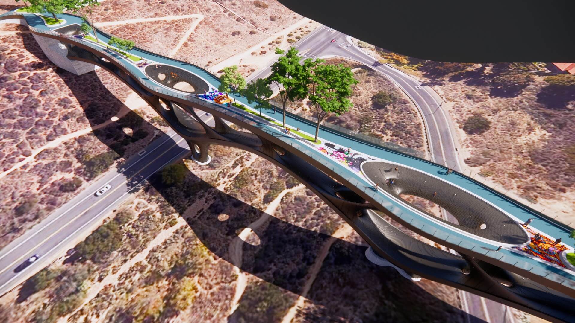 aerial rendering of a pedestrian bridge