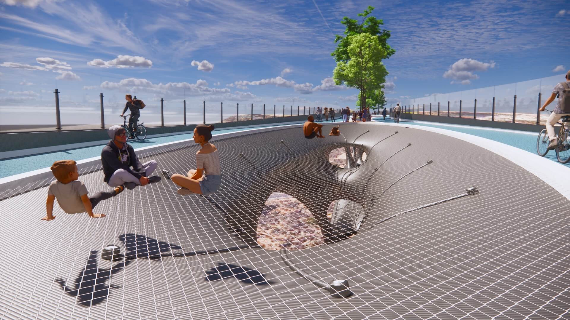 rendering of a park atop a pedestrian bridge