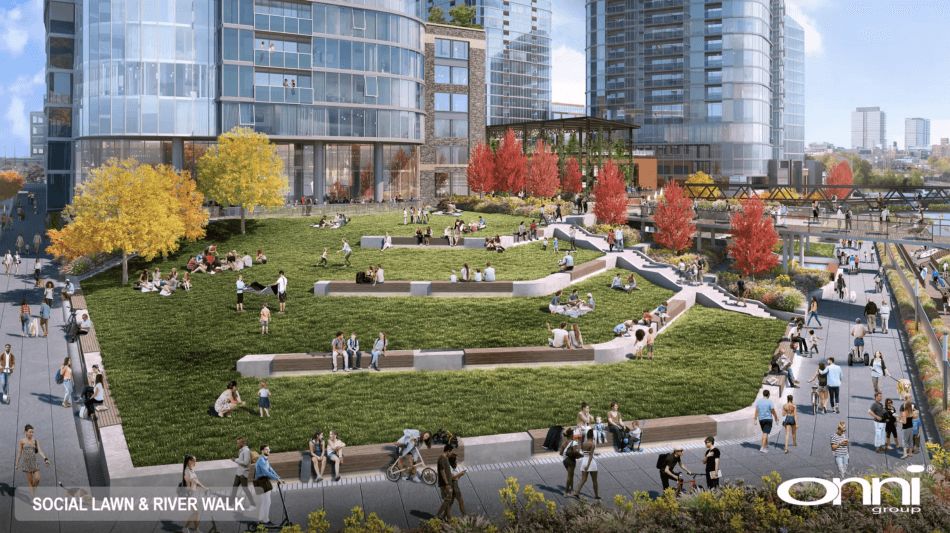rendering of a large lawn and gathering space flanked by high-rises