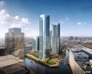 rendering of skyscrapers on a river