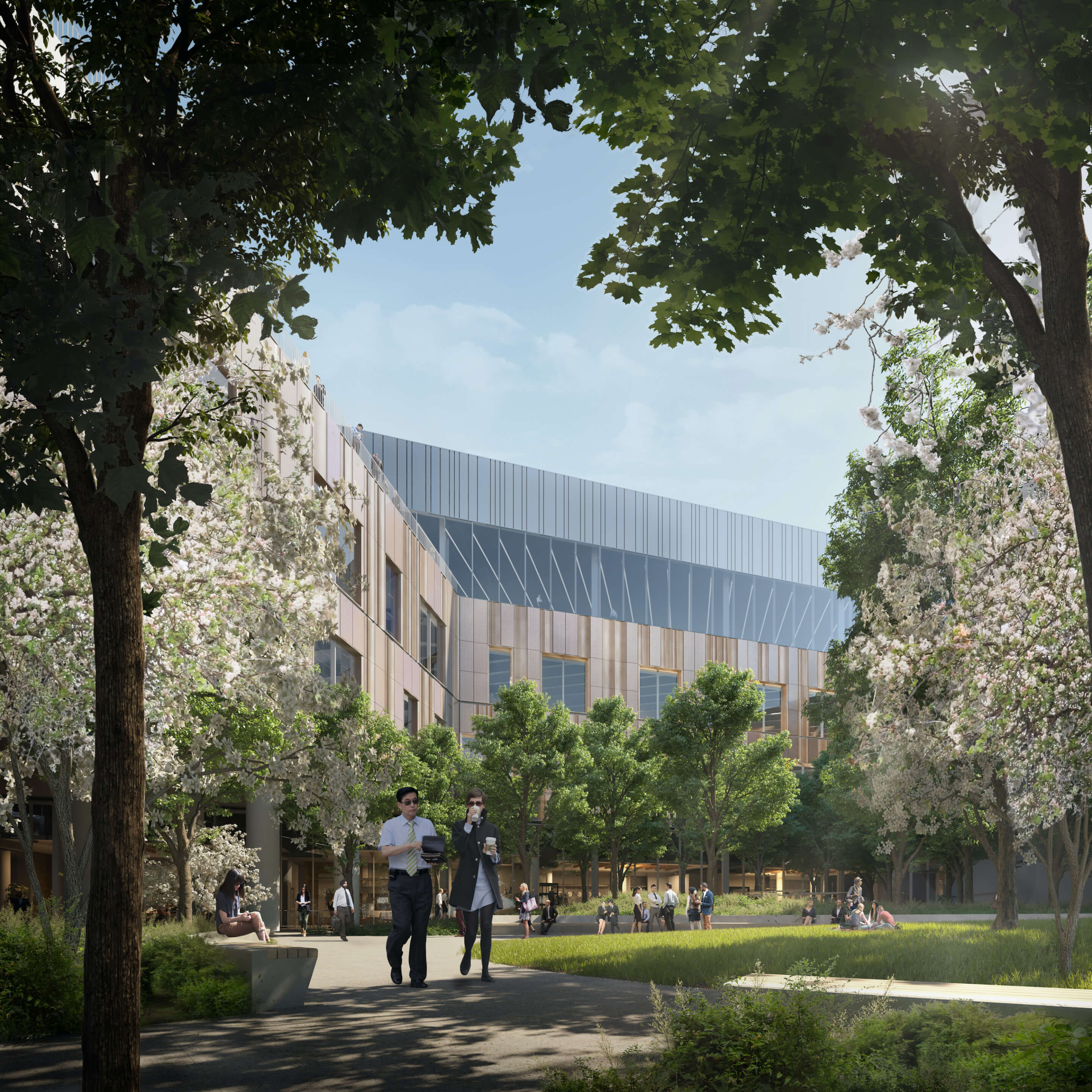 rendering of ford employees walking through a leafy, landscaped campus