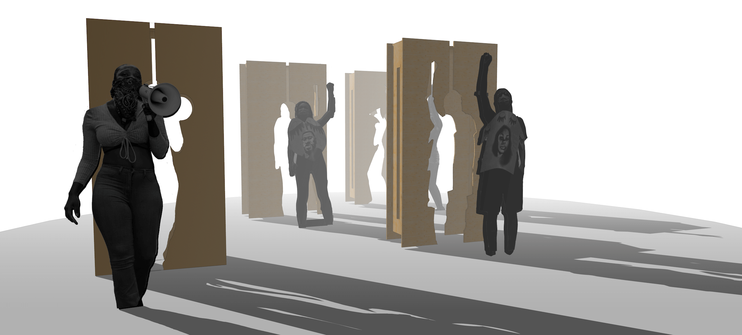 rendering of an art installation incorporating protest plywood, part of the plywood protection project