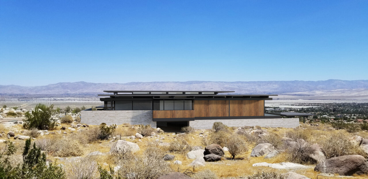 Exterior rendering of a low slung home against the desert of palm springs for modernism week