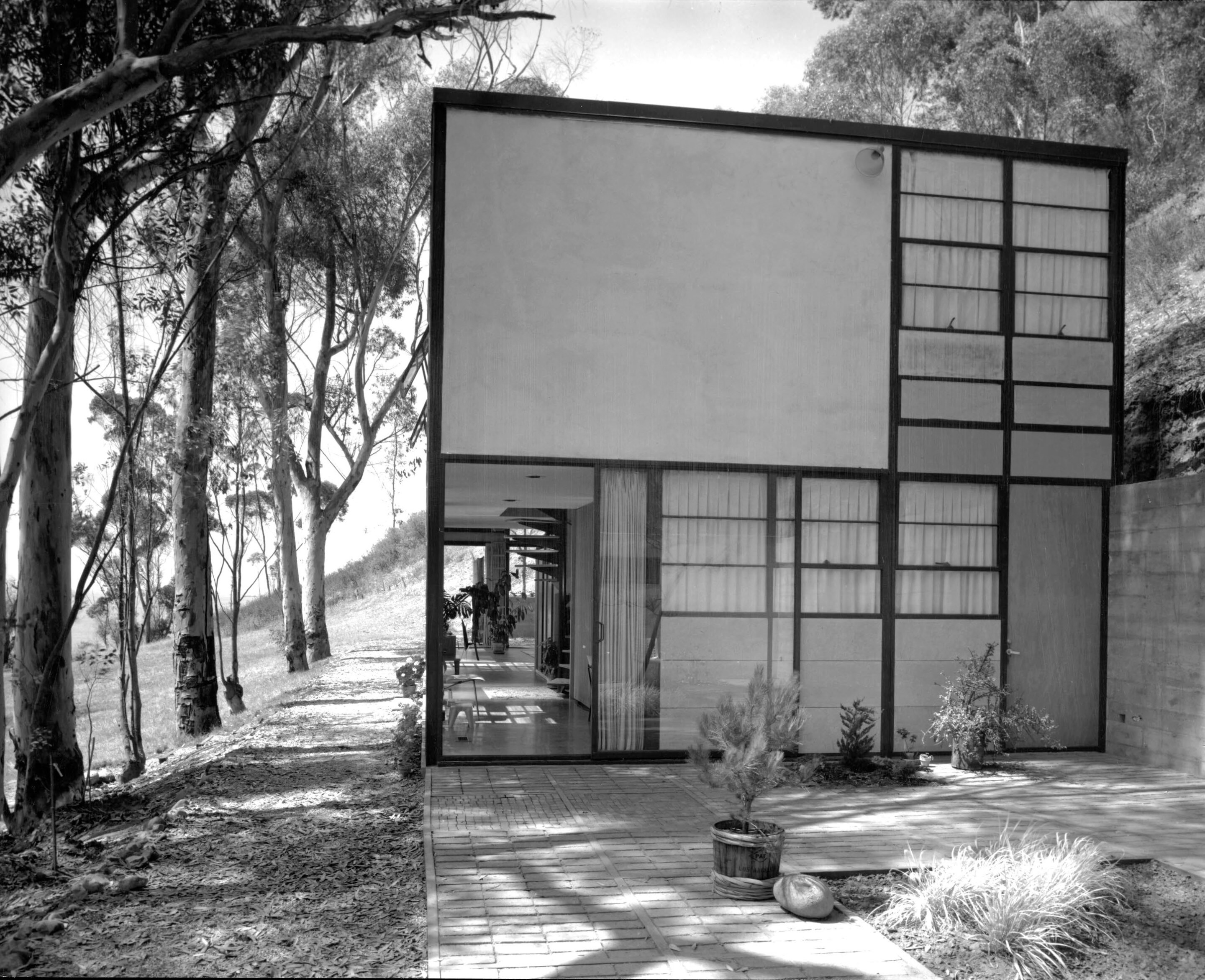 A black and white file photo of a modern cube house