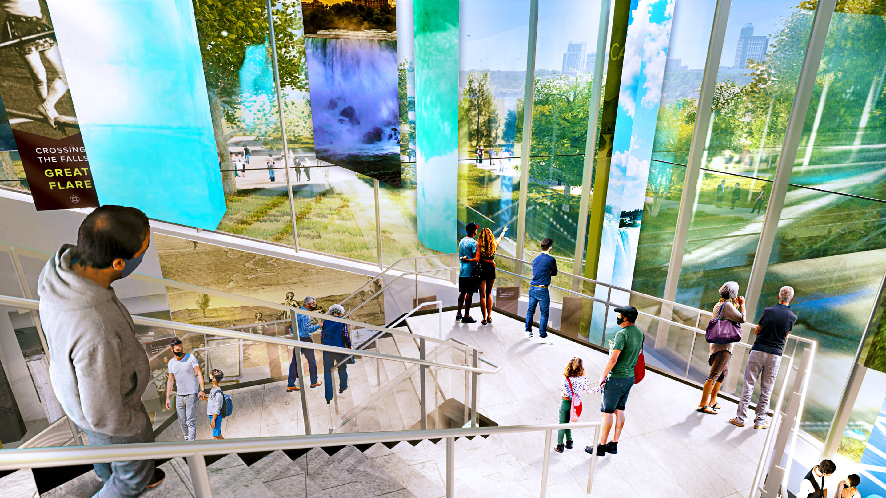 rendering of people descending stairs in a visitors center