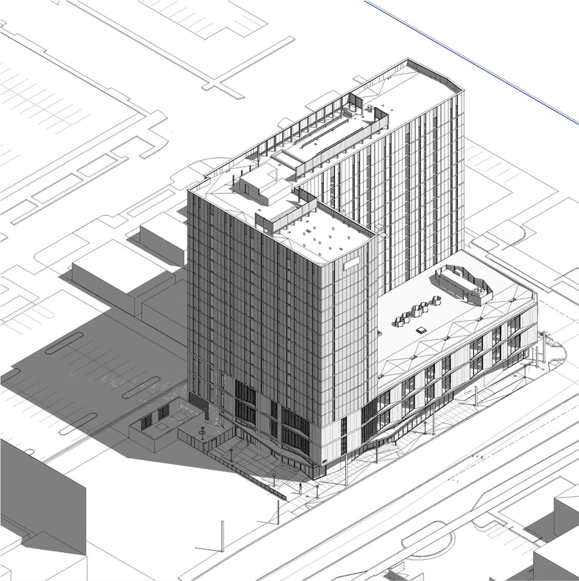 architectural axonometric drawing of the 16 story L shaped residence hall with 3 story setback