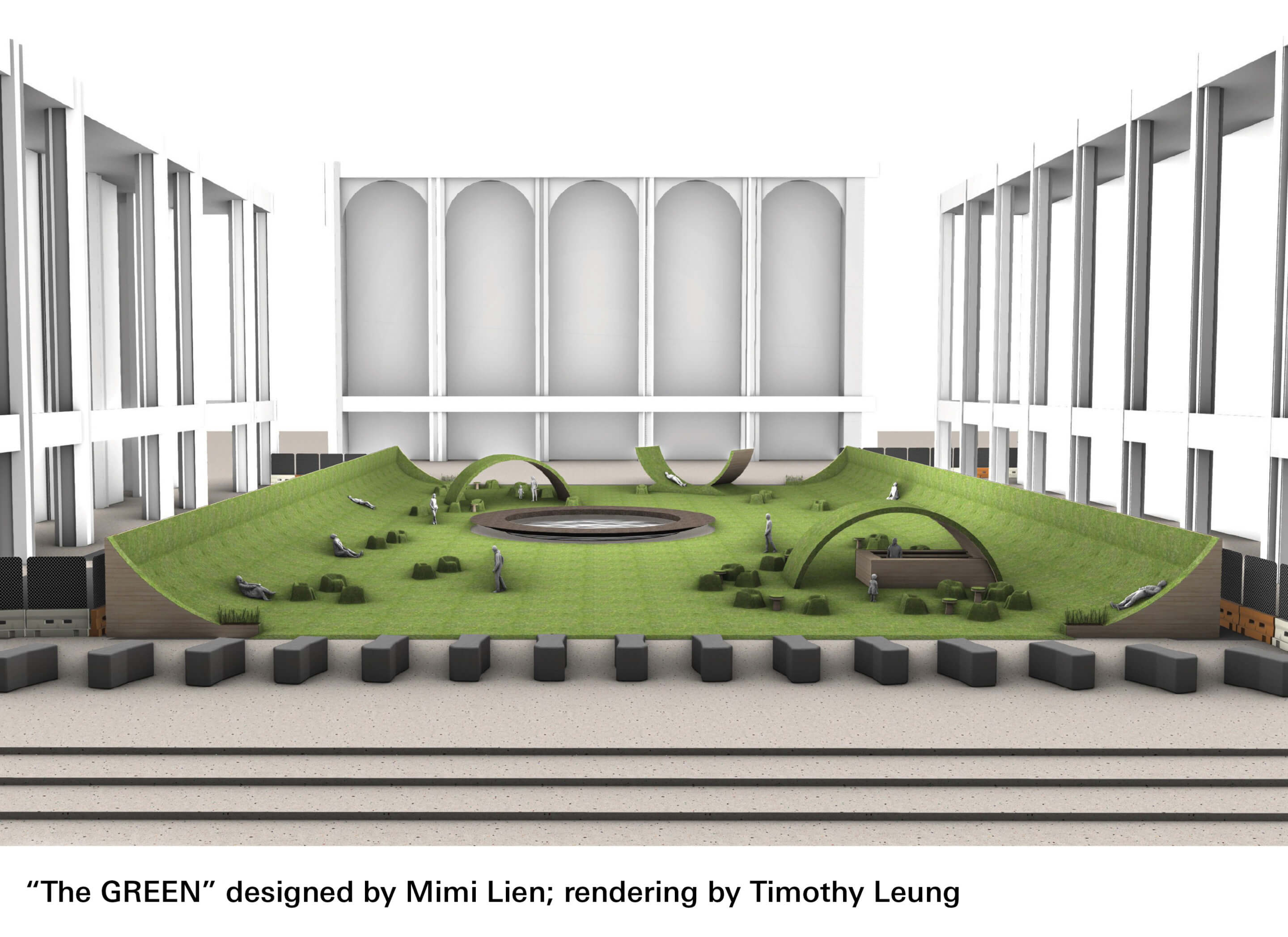 Rendering of a fake landscape rising to cover three buildings at lincoln center