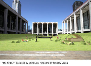 Rendering of the green, a fake lawn installed on top of the Josie Robertson Plaza