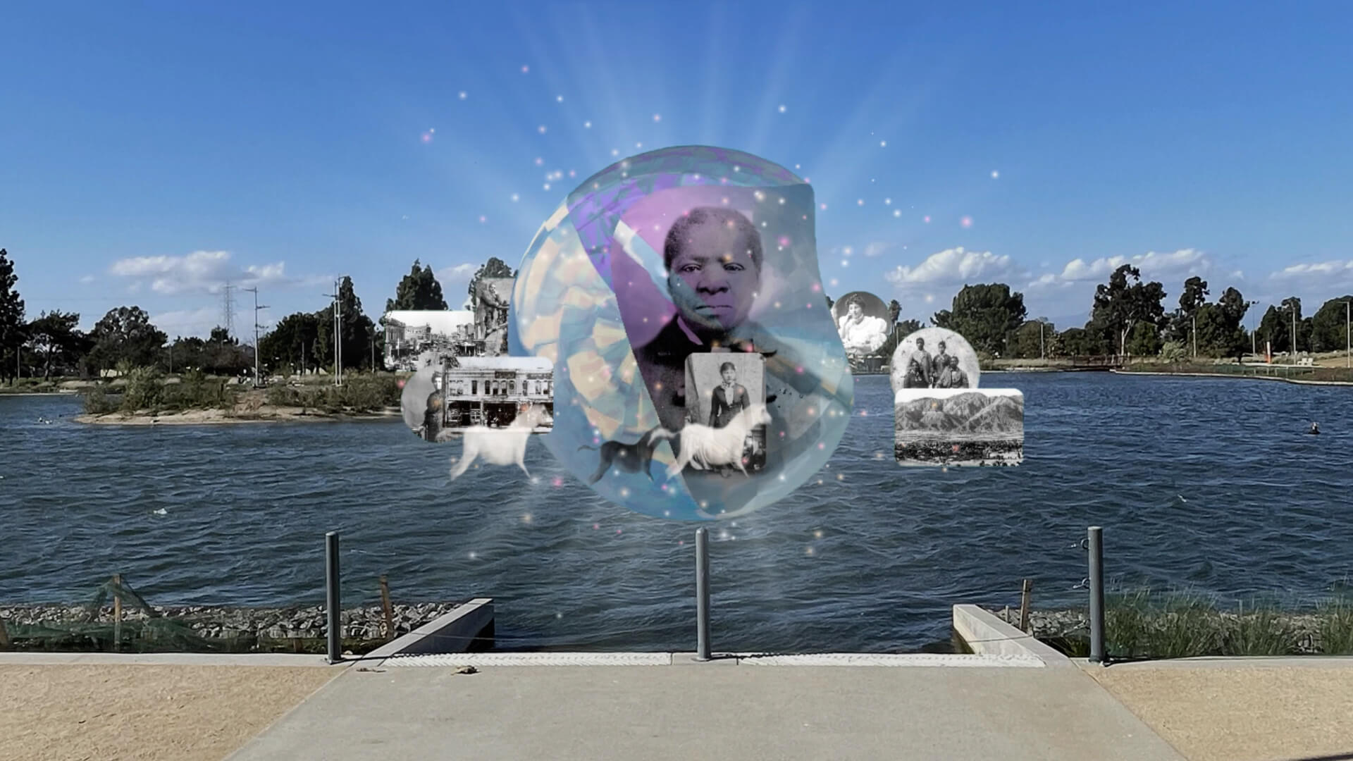 an augmented reality monument viewed through a smart phone as part of monumental perspectives