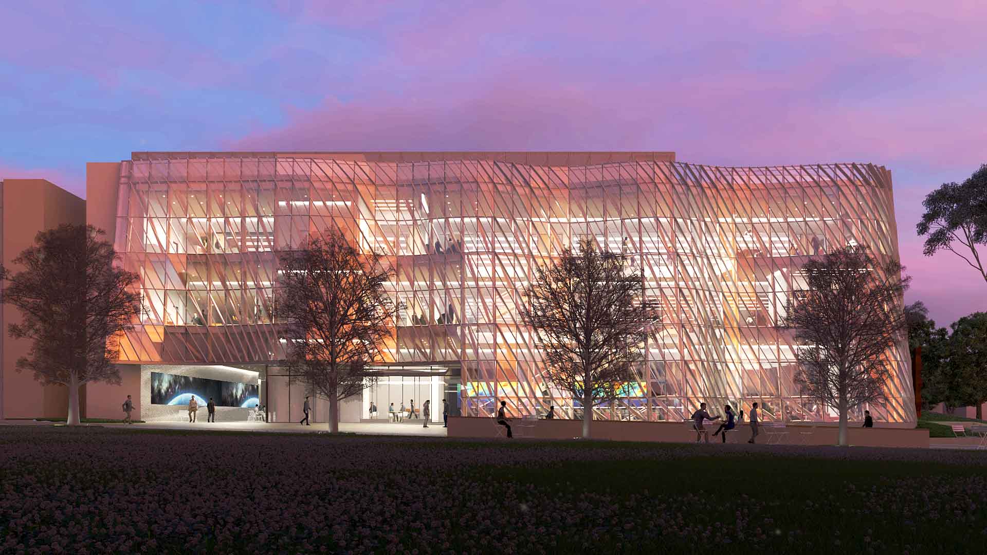 rendering of a glazed building glowing at twilight