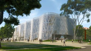 rendering of a campus science building wrapped in an undulating glazed facade