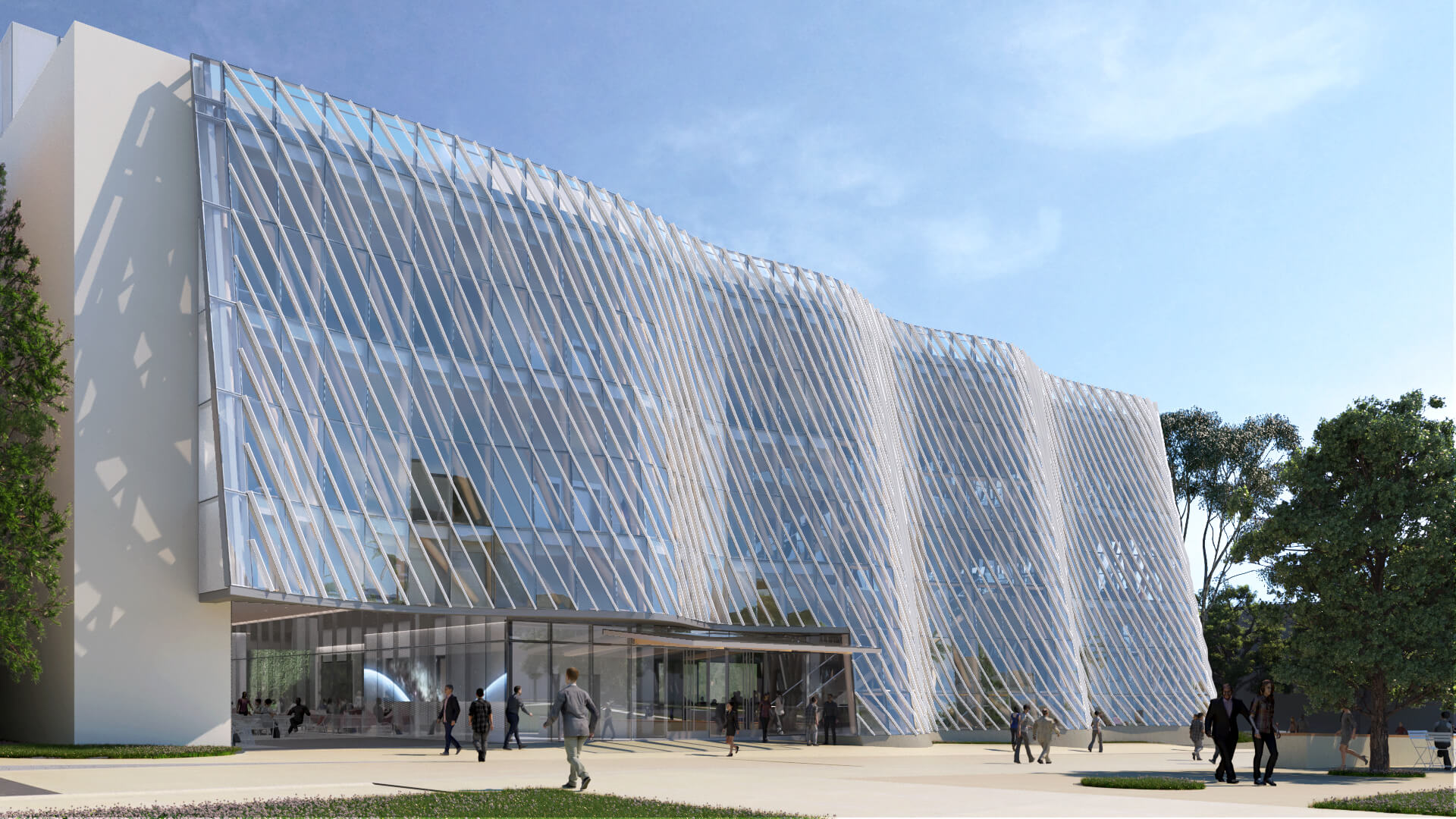 rendering of a glass curtain wall-wrapped building