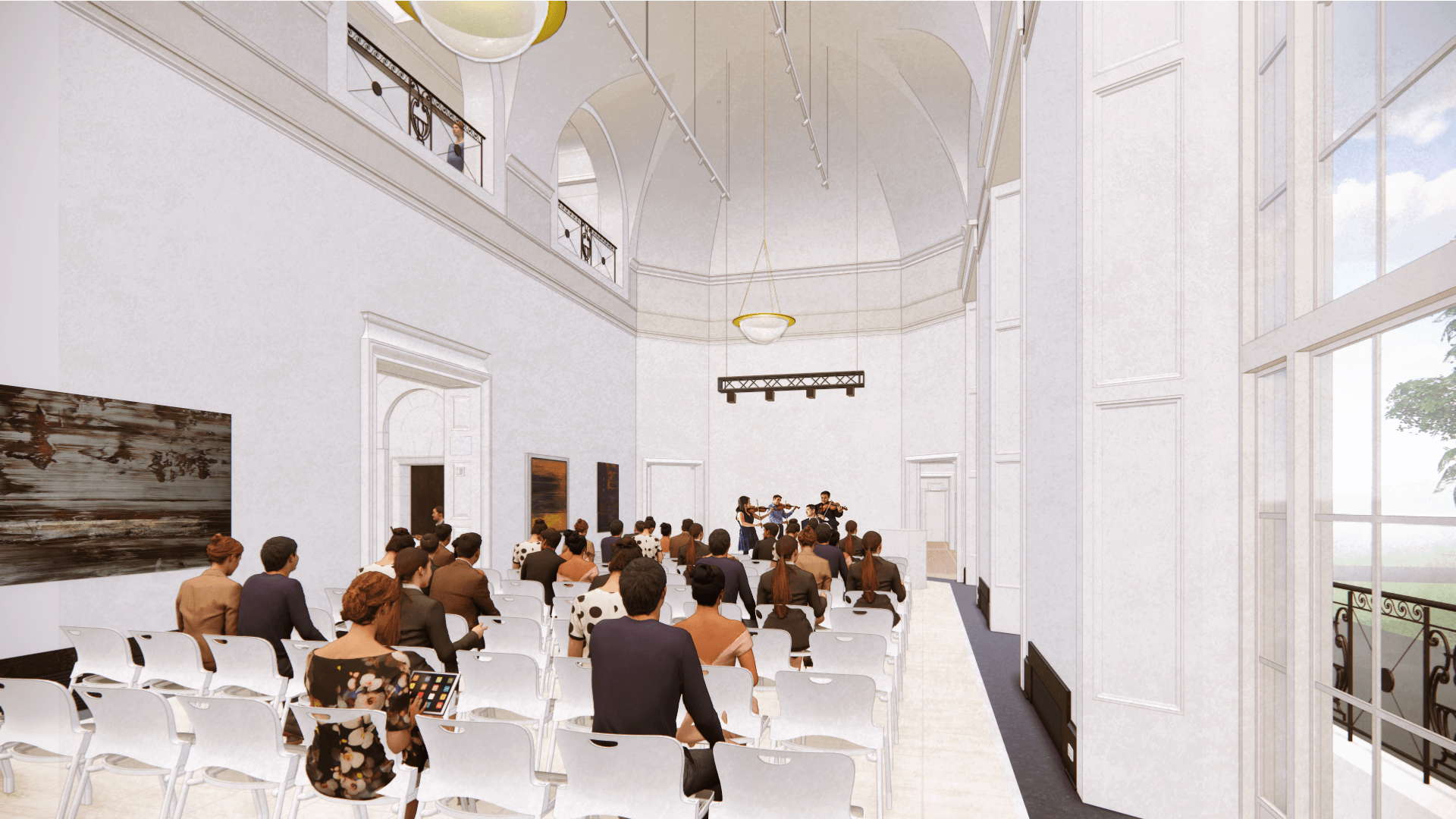 Interior rendering of a white church-like art gallery