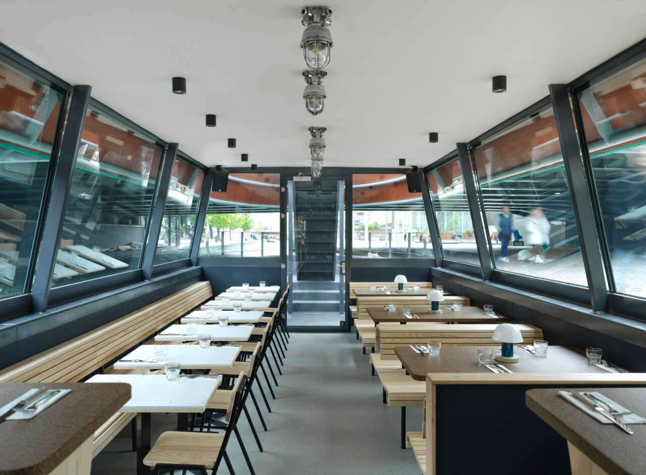 interior of a restaurant located in a boat