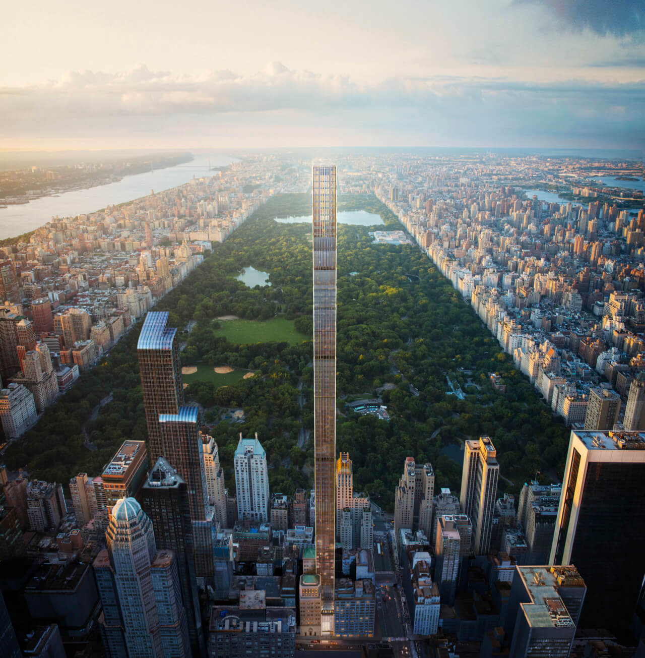 rendering of 111 west 5th street, a pencil-thin tower looming over central park