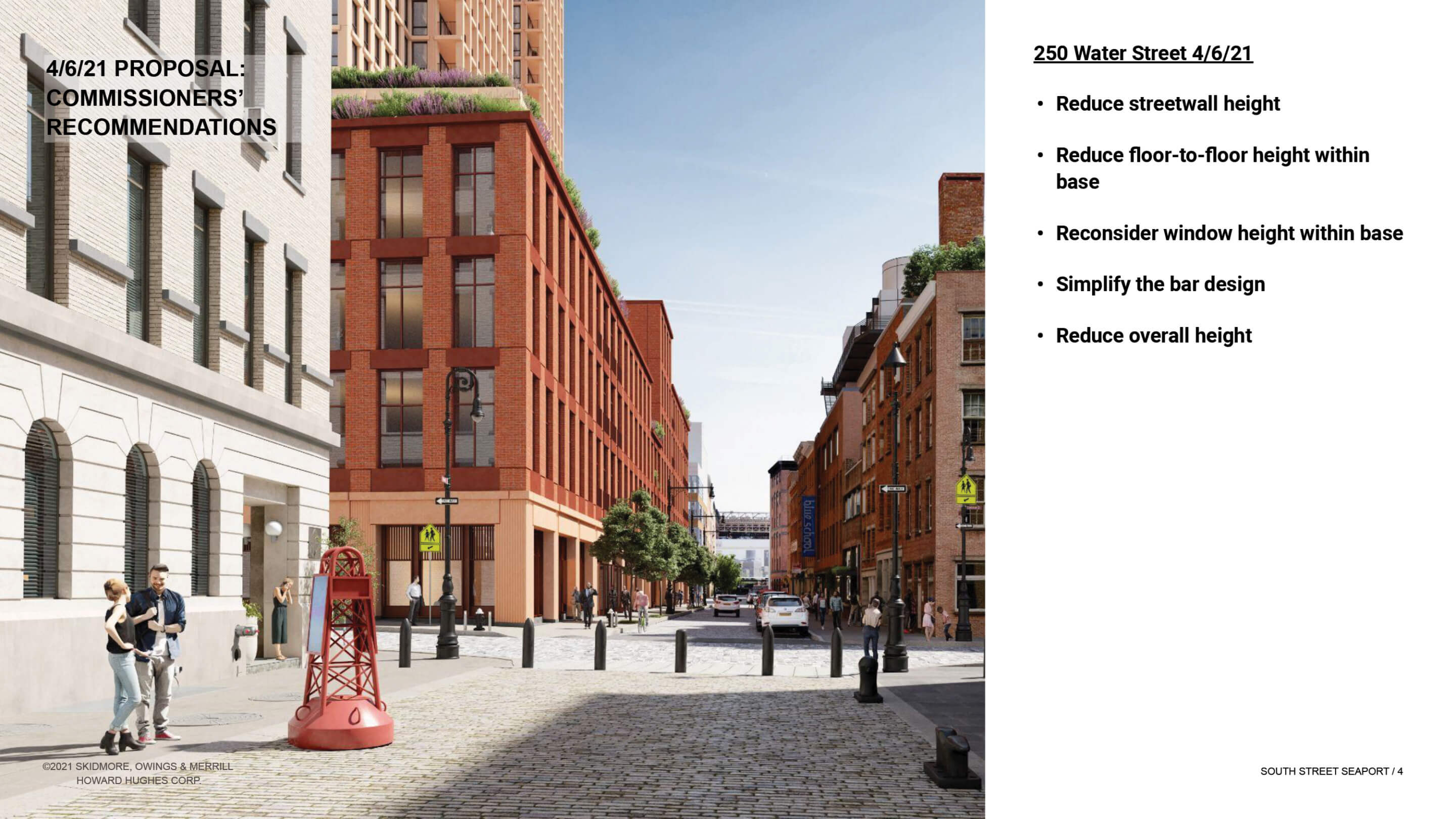 A slide detailing proposed changes (height, bulk, roof line) required for 250 water street