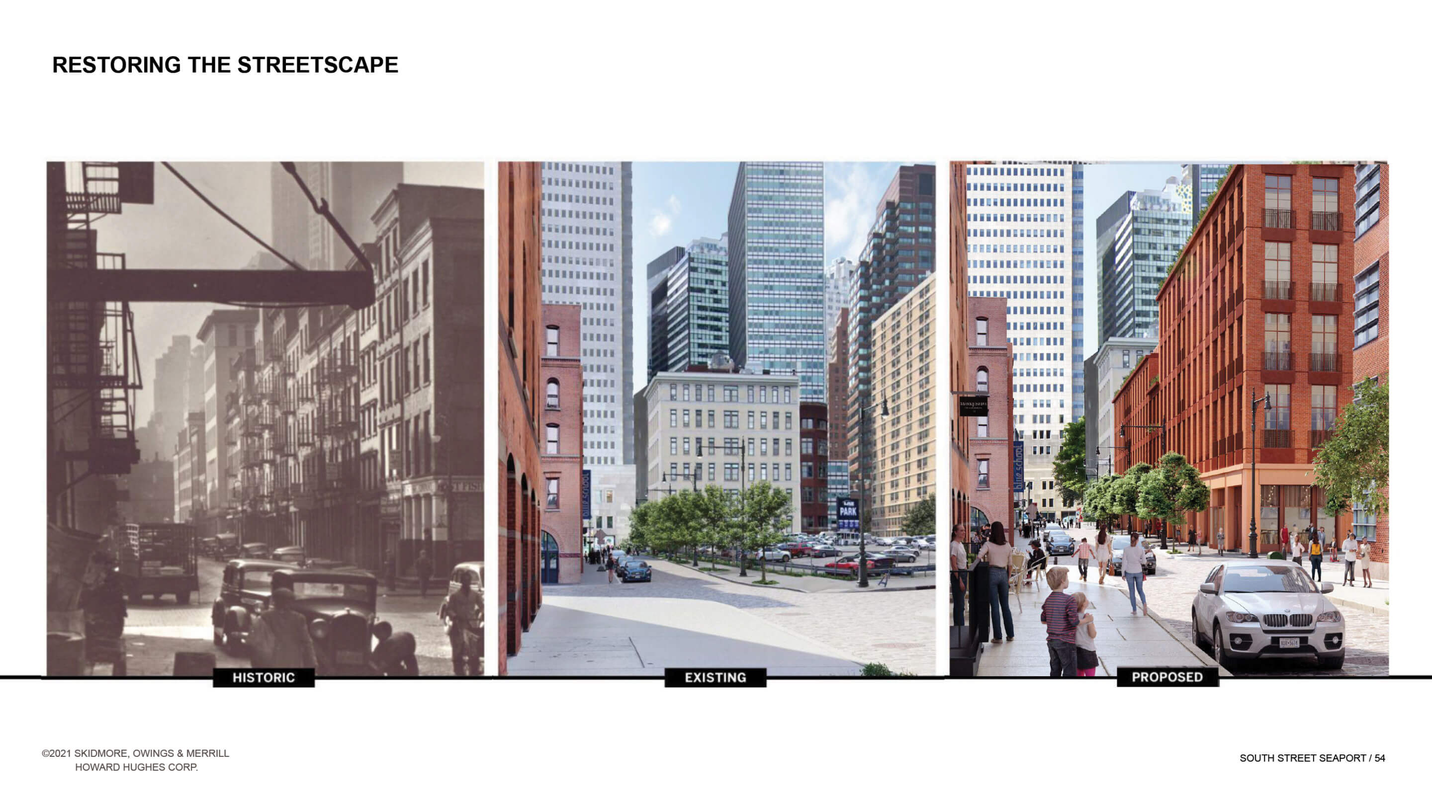 A tripartite collage of the south street seaport and 250 water street site