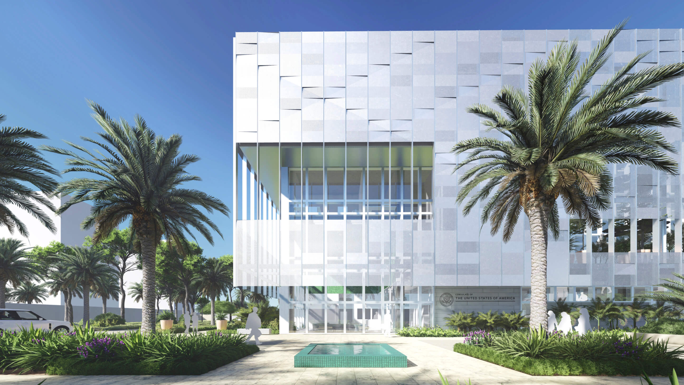 a silver-screened embassy building on stilts with palm trees around it
