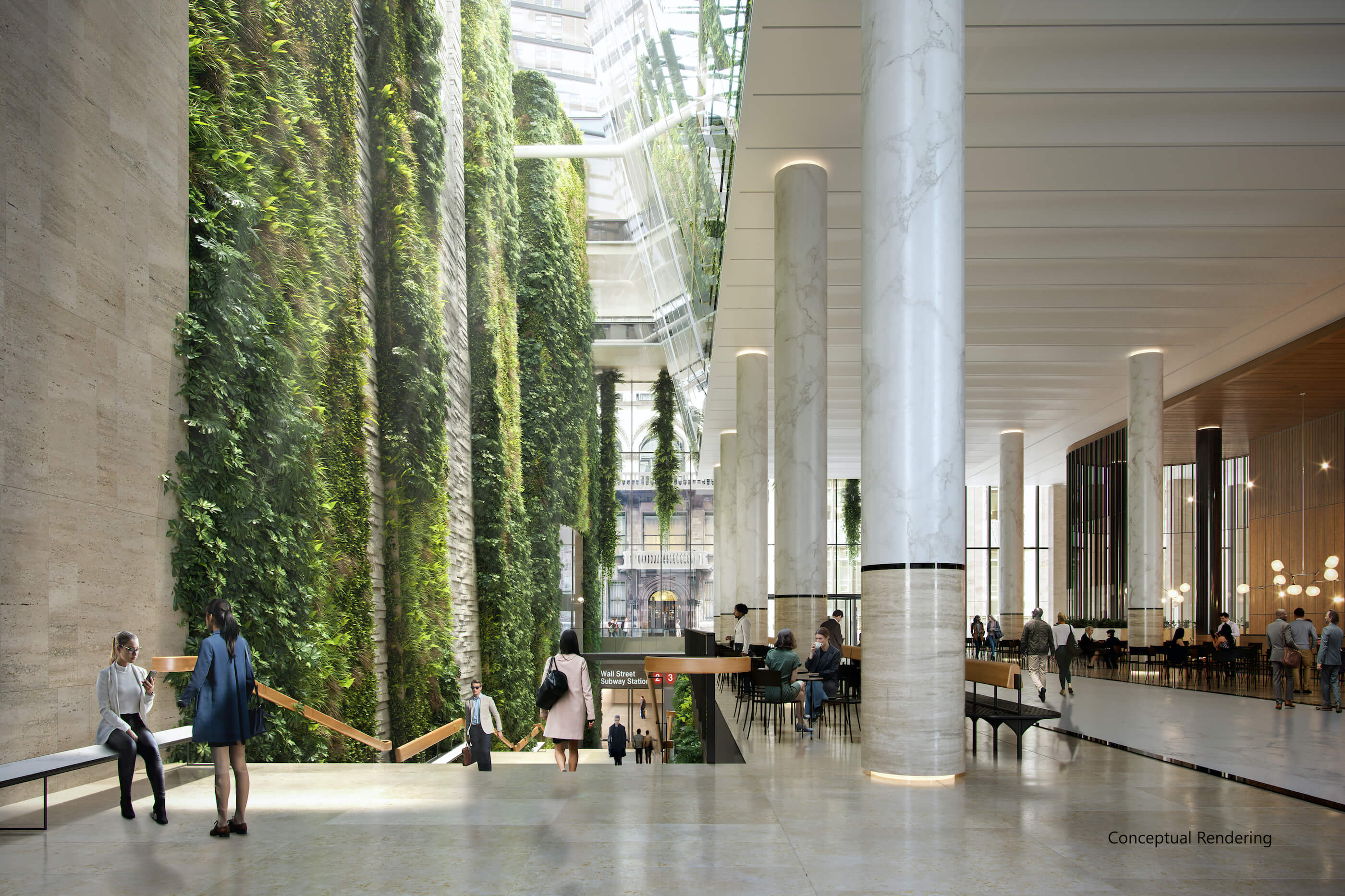 rendering of a soaring lobby space with a large green wall feature at 60 wall street