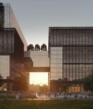 rendering of connected buildings at sunset