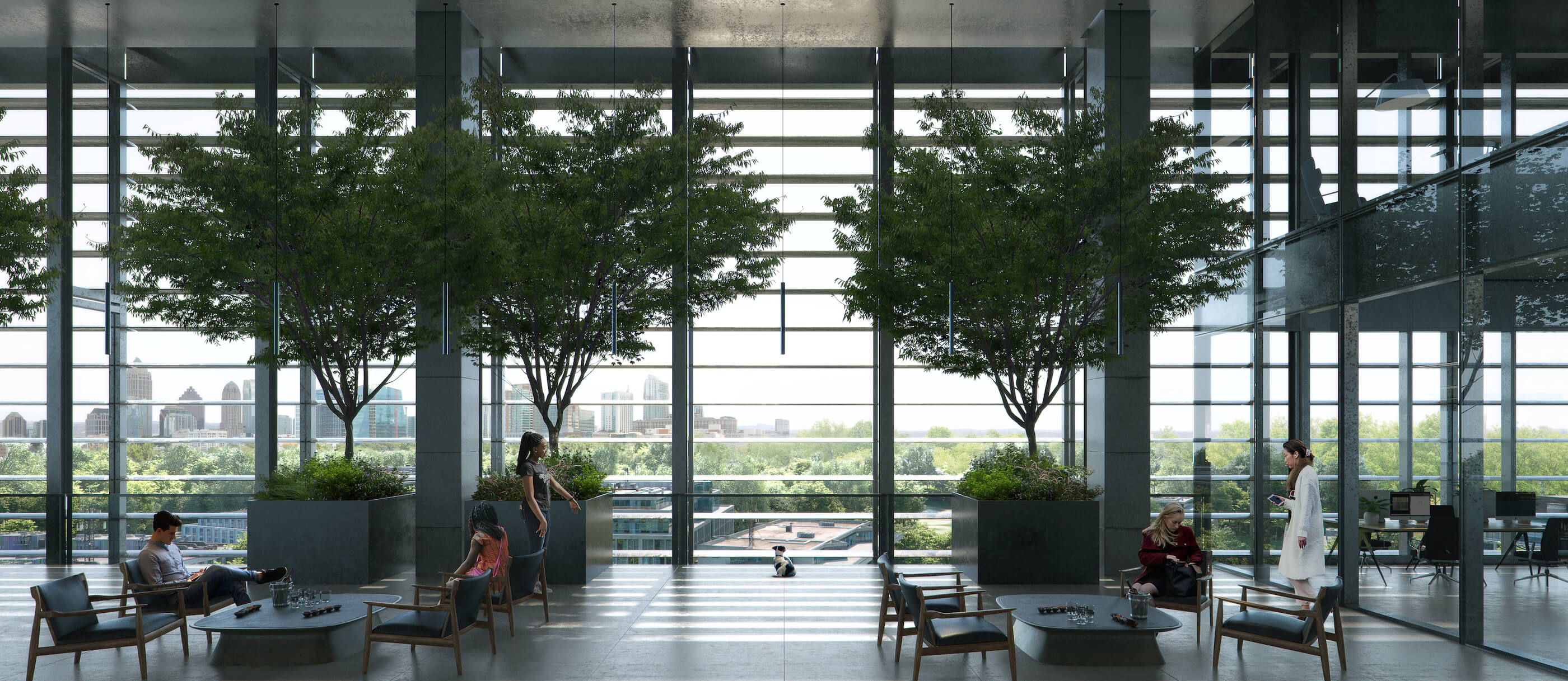 people sit next to a large window flanked by potted trees