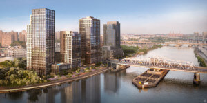 rendering of four of the towers seen bifurcated by the 3rd avenue bridge on harlem river