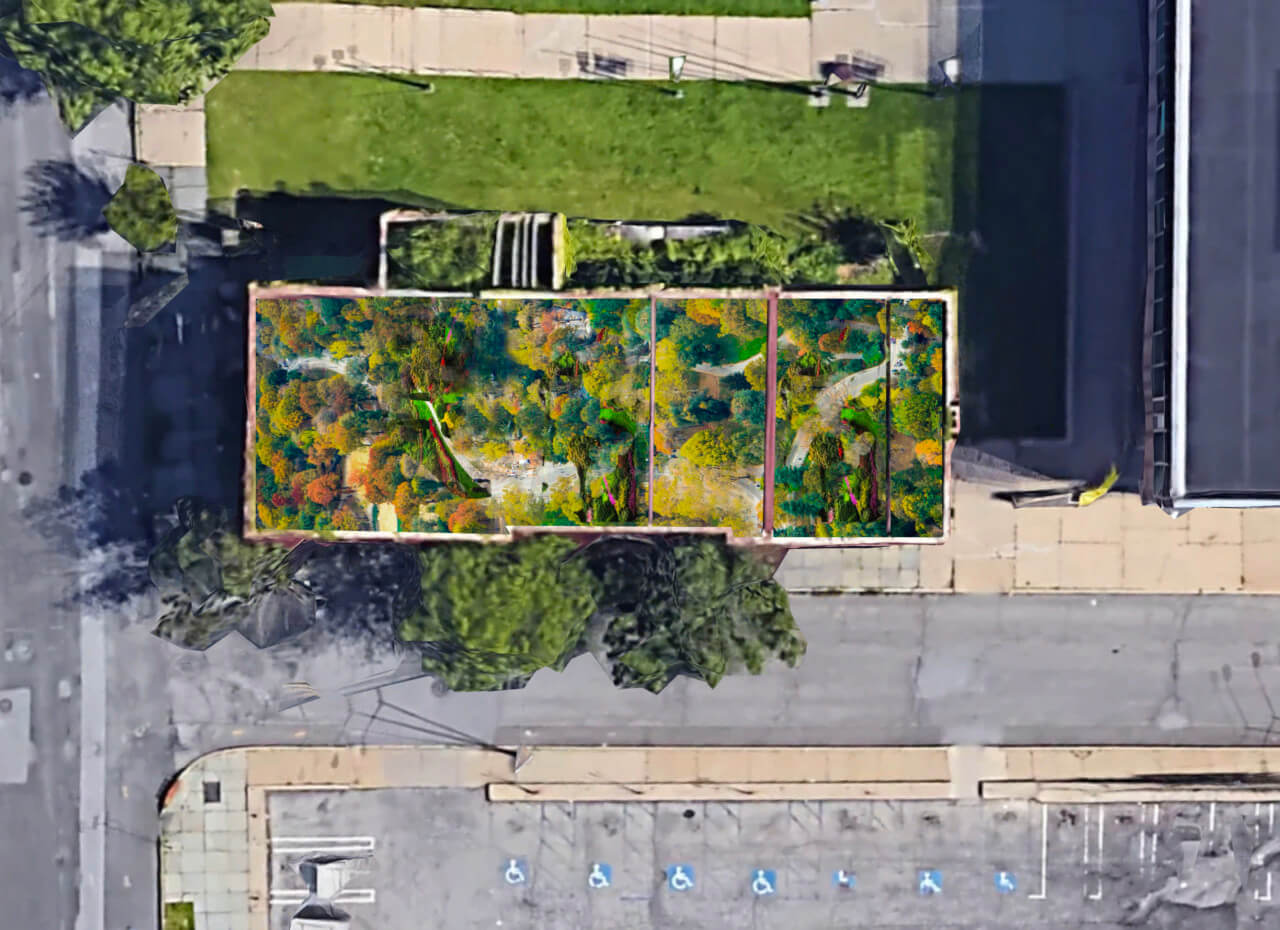 aerial rendering of a gutted historic building filled with new plants