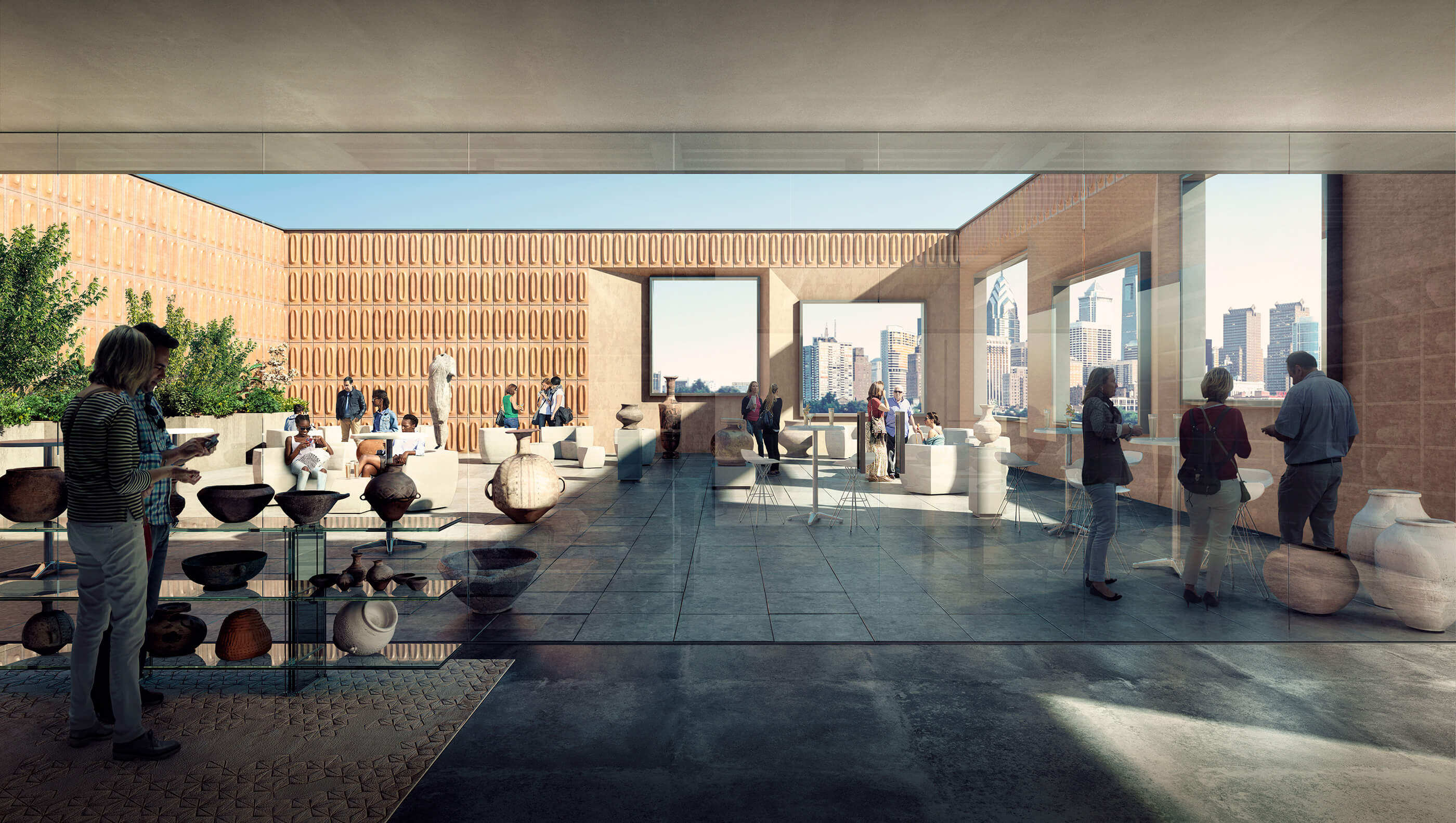 Exterior rooftop rendering of a ceramics gallery space