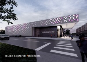 exterior rendering of a history center with a cantilevered roof in tulsa