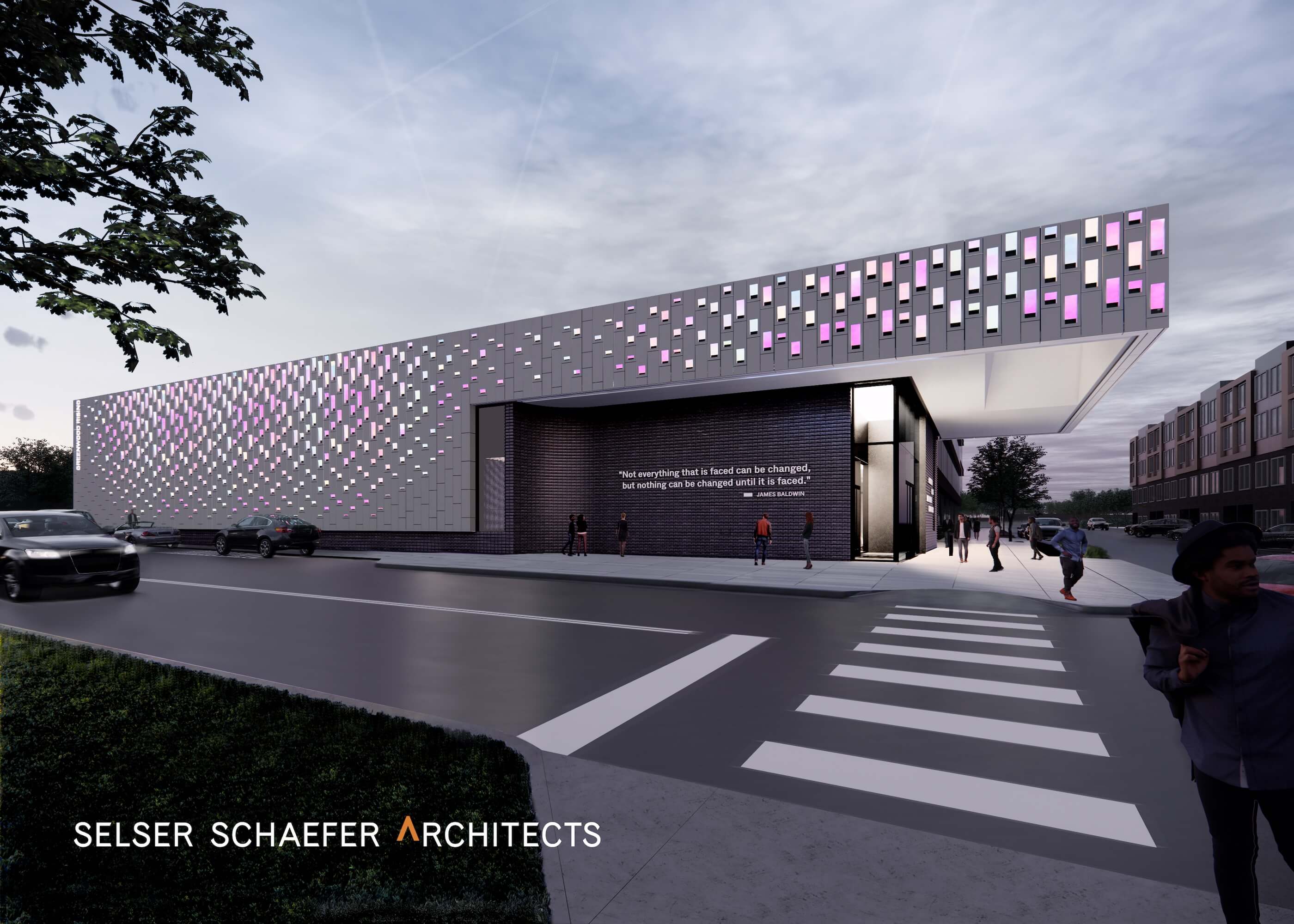 exterior rendering of a history center with a cantilevered roof in tulsa, greenwood rising