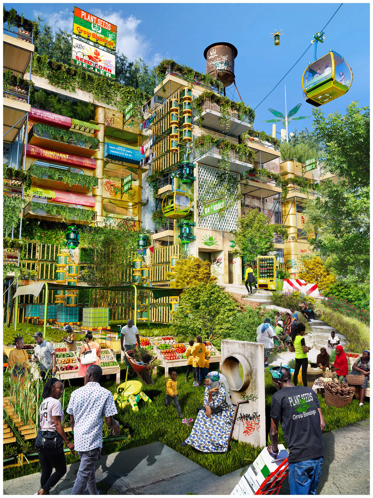 digital montage depicting a verdant future city with fruit stands in the foreground and a cable car up top