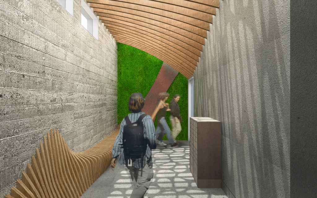 rendering of the below grade lobby entrance with wood fins on the ceiling to filter light and air in hide and seek