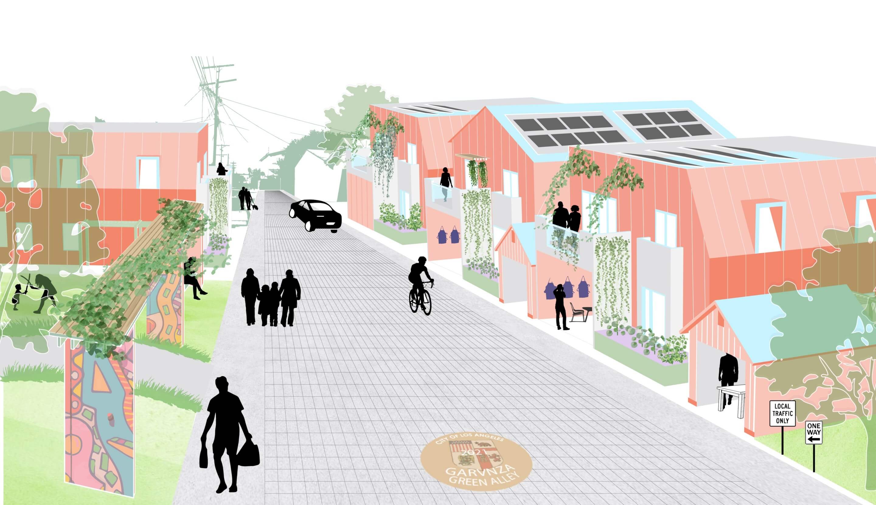 illustration of housing centered around a dynamic public alley