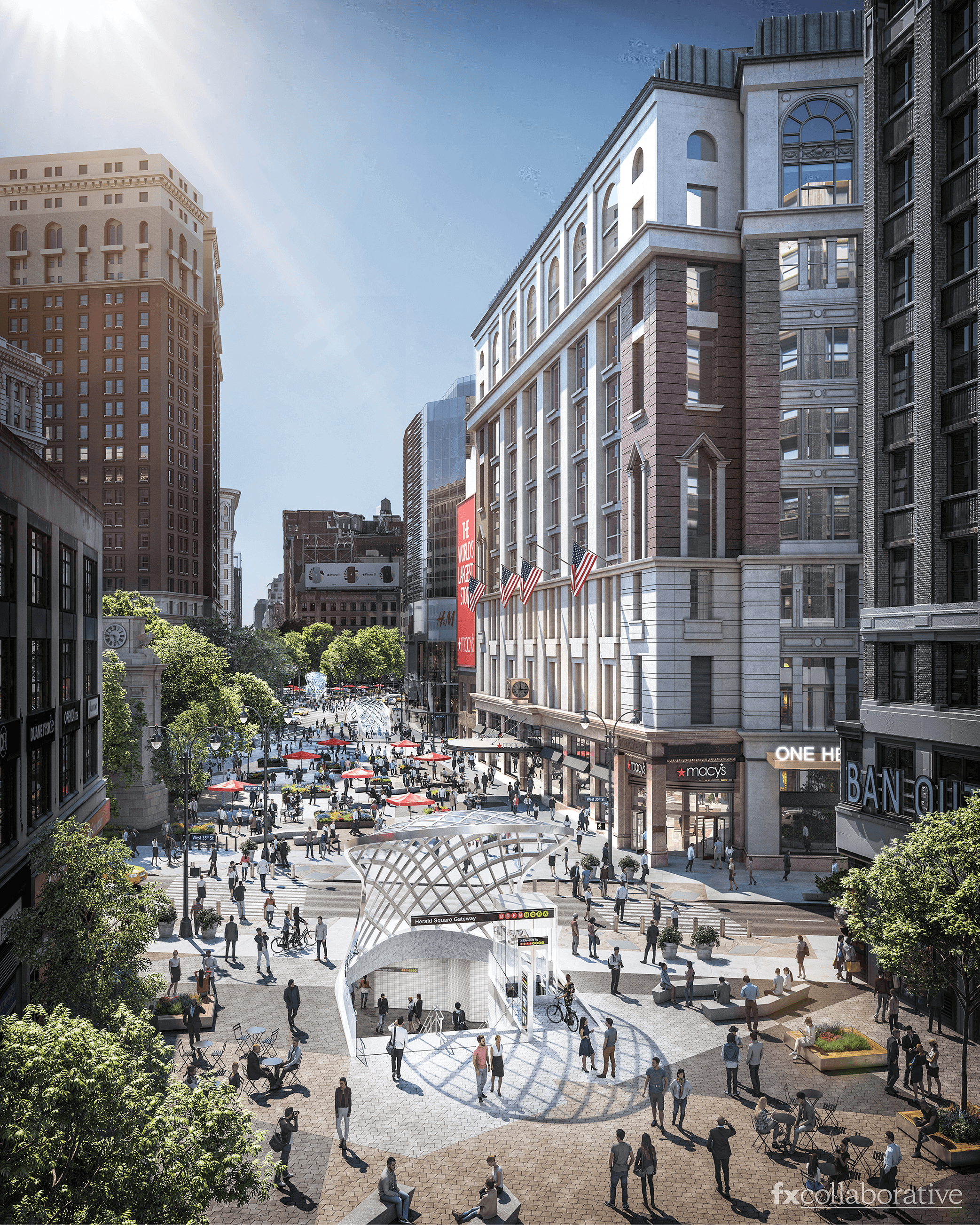 illustration of a bustling pedestrian plaza in midtown manhattan