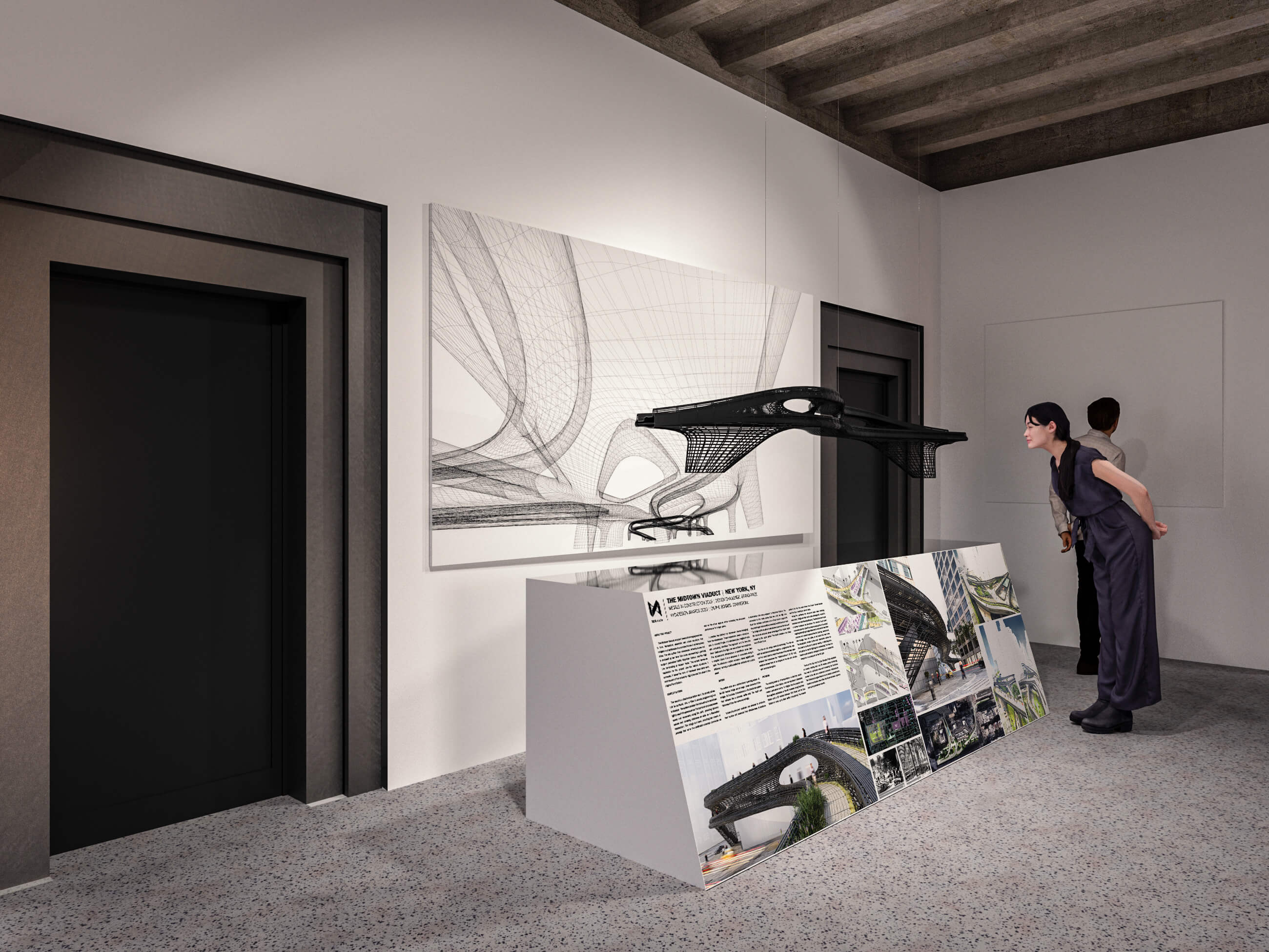 Interior rendering of a bridge suspended in a gallery space